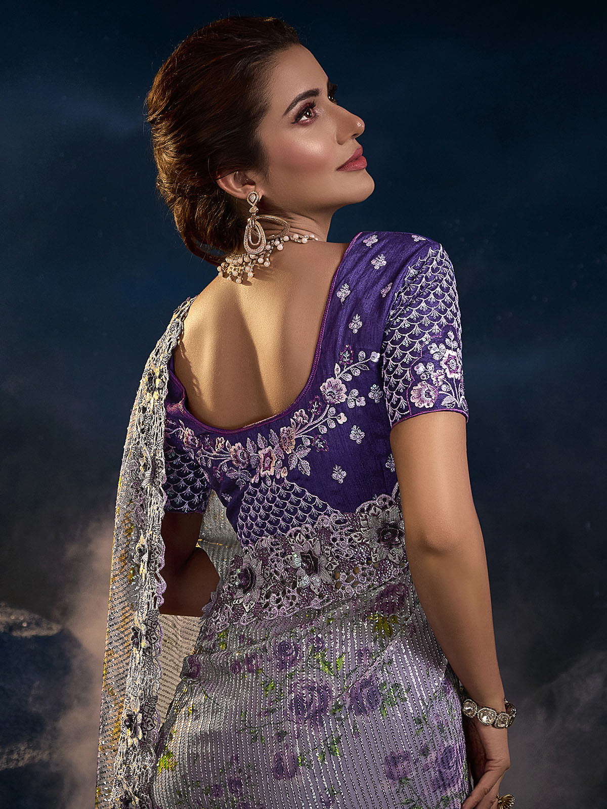 Purple Net Sequins Embroidered Saree With Unstitched Blouse