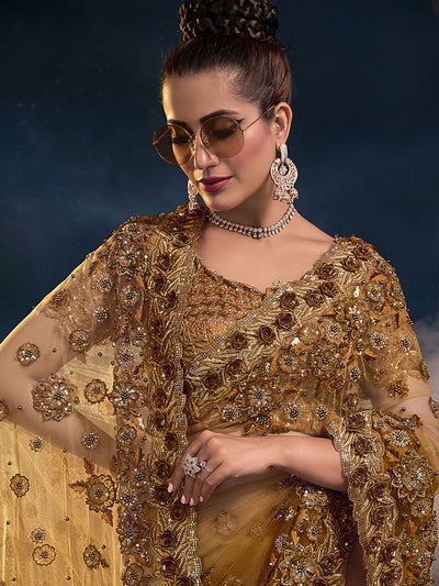 Mustard Net Sequins Embroidered Saree With Unstitched Blouse
