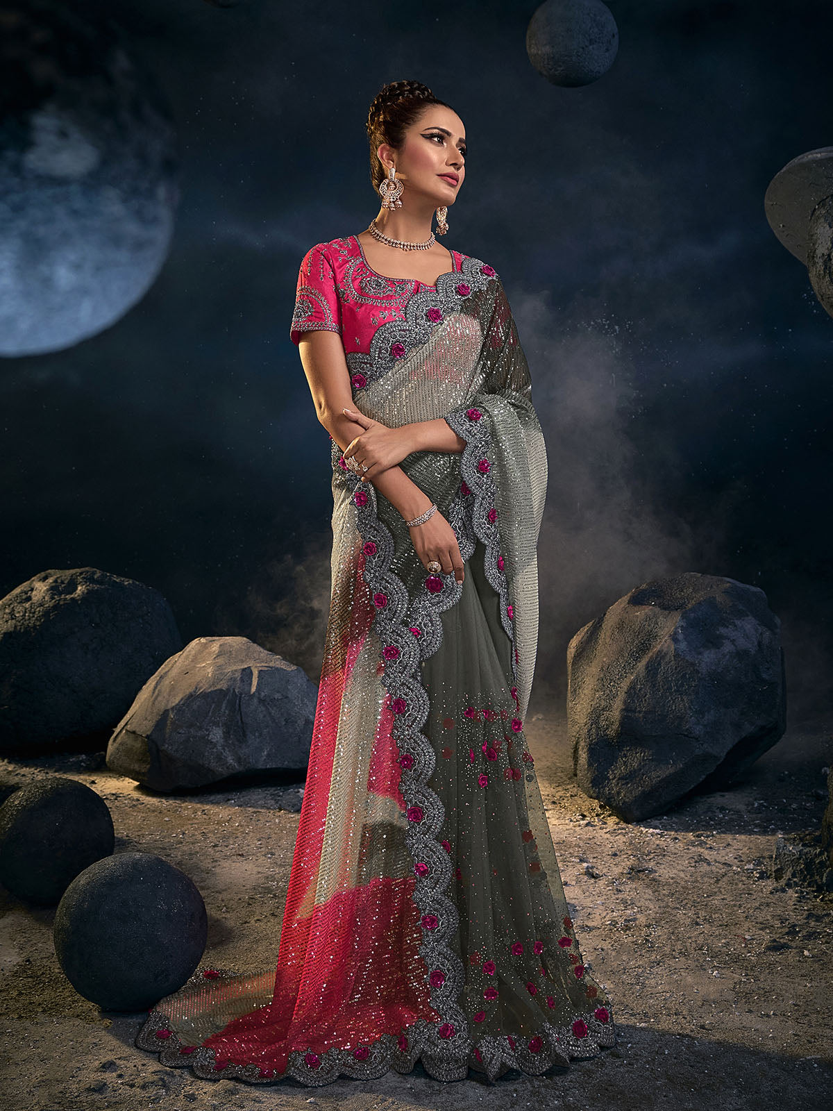 Odette Women Grey Net Sequins Embroidered Saree With Unstitched Blouse