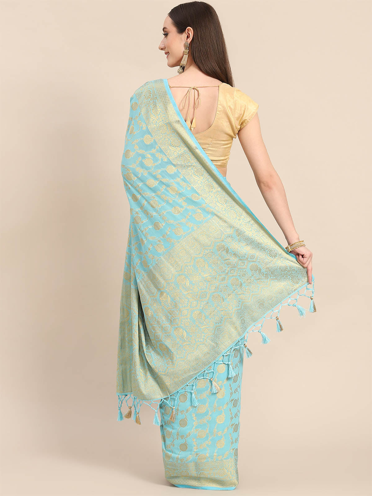 Odette Women Turquoise Blue Georgette Printed Saree With Unstitched Blouse