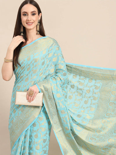 Odette Women Turquoise Blue Georgette Printed Saree With Unstitched Blouse
