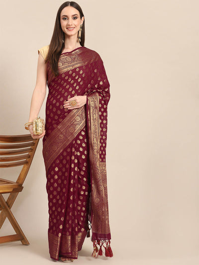 Maroon Georgette Printed Saree With Unstitched Blouse