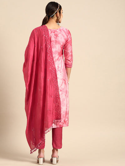 Odette Women Pink Printed Cotton Stitched Kurta And Trouser With Dupatta