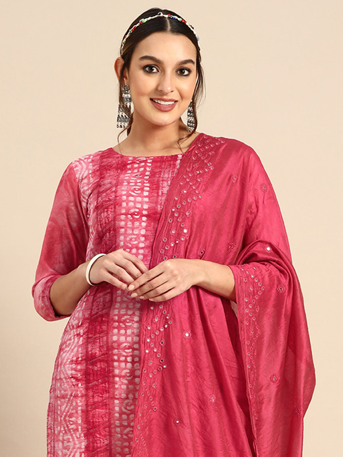 Odette Women Pink Printed Cotton Stitched Kurta And Trouser With Dupatta