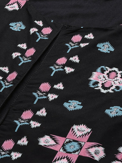 Odette Women Black Foil & Pigment Printed Rayon Stitched Kurta, Trouser & Jacket