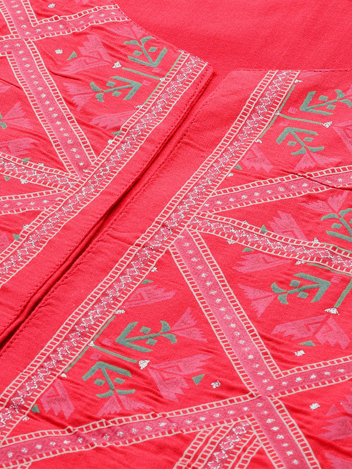 Odette Women Pink Foil & Pigment Printed Rayon Stitched Kurta, Trouser & Jacket