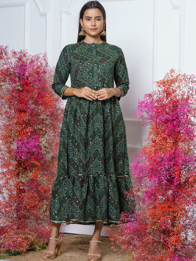 Odette Women Green Bandhani Print Rayon Fit & Flare Stitched Dress