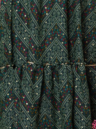 Odette Women Green Bandhani Print Rayon Fit & Flare Stitched Dress