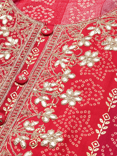 Odette Women Red Bandhani Printed Rayon Stitched Kurta