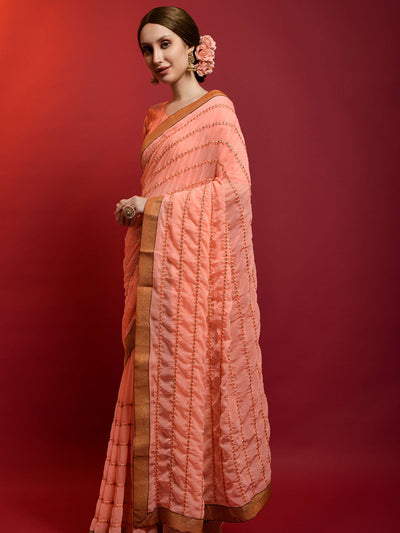 Odette Women Peach Georgette Striped Saree With Unstitched Blouse