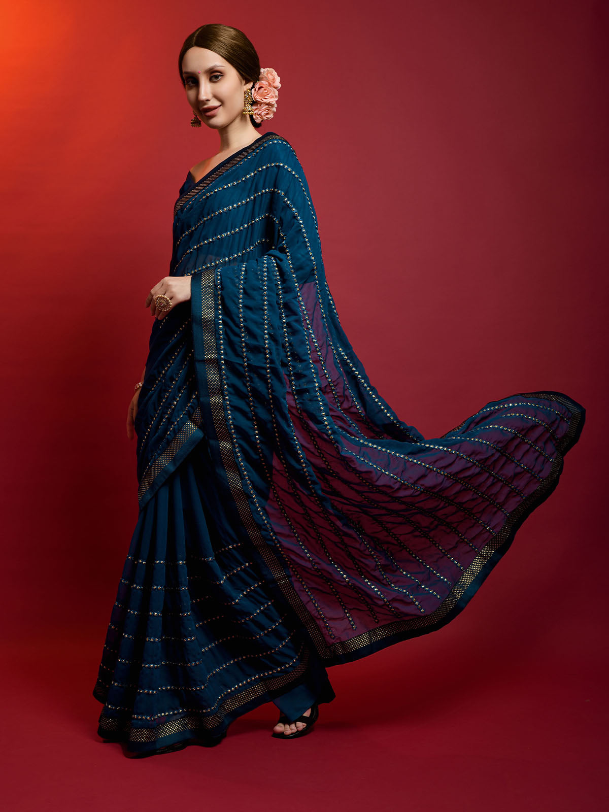 Odette Women Blue Georgette Striped Saree With Unstitched Blouse