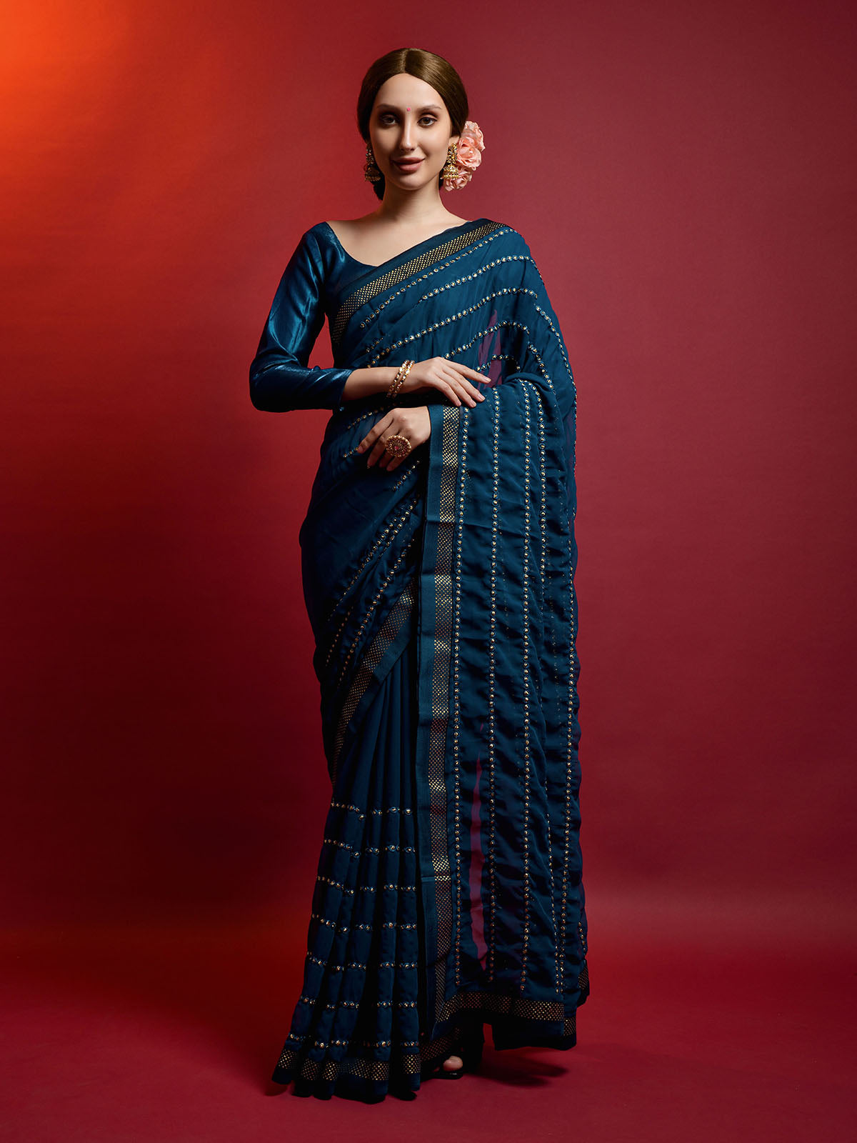 Odette Women Blue Georgette Striped Saree With Unstitched Blouse