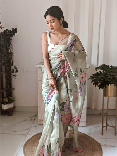 Odette Women Green Printed Organza Saree With Unstitched Blouse