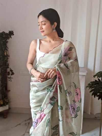 Odette Women Green Printed Organza Saree With Unstitched Blouse