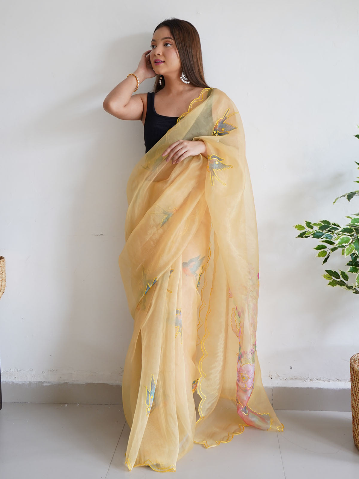 Yellow Printed Organza Saree With Unstitched Blouse