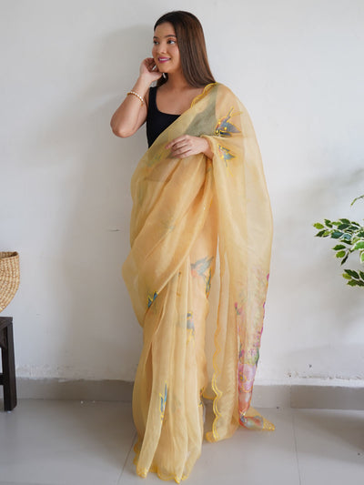Yellow Printed Organza Saree With Unstitched Blouse