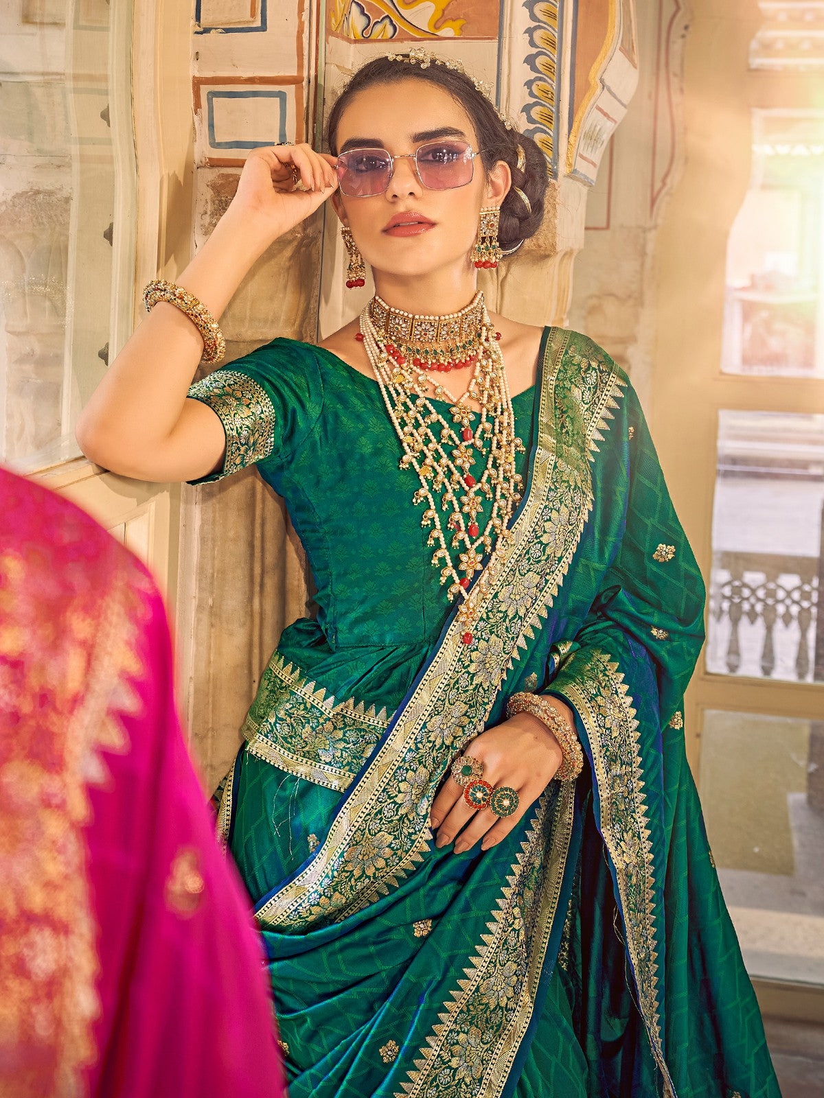 Odette Women Green Pure Satin Silk Zari Weaving Work Saree With Unstitched Blouse