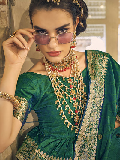 Odette Women Green Pure Satin Silk Zari Weaving Work Saree With Unstitched Blouse