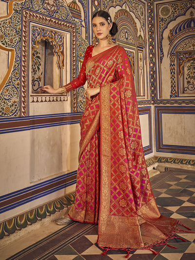 Odette Women Red Chinon Bandhani Printed Saree With Unstitched Blouse Piece