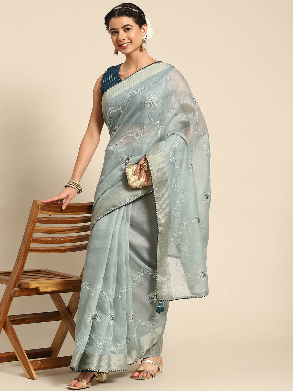 Odette Women Blue Cotton Embroidered Saree With Unstitched Blouse