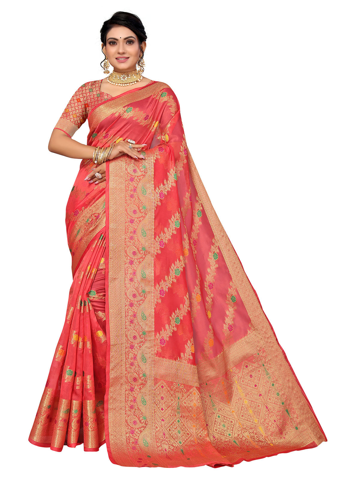 Odette Women Pink Woven Organza Saree With Unstitched Blouse