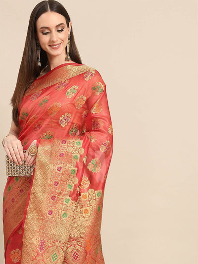 Odette Women Red Woven Organza Saree With Unstitched Blouse