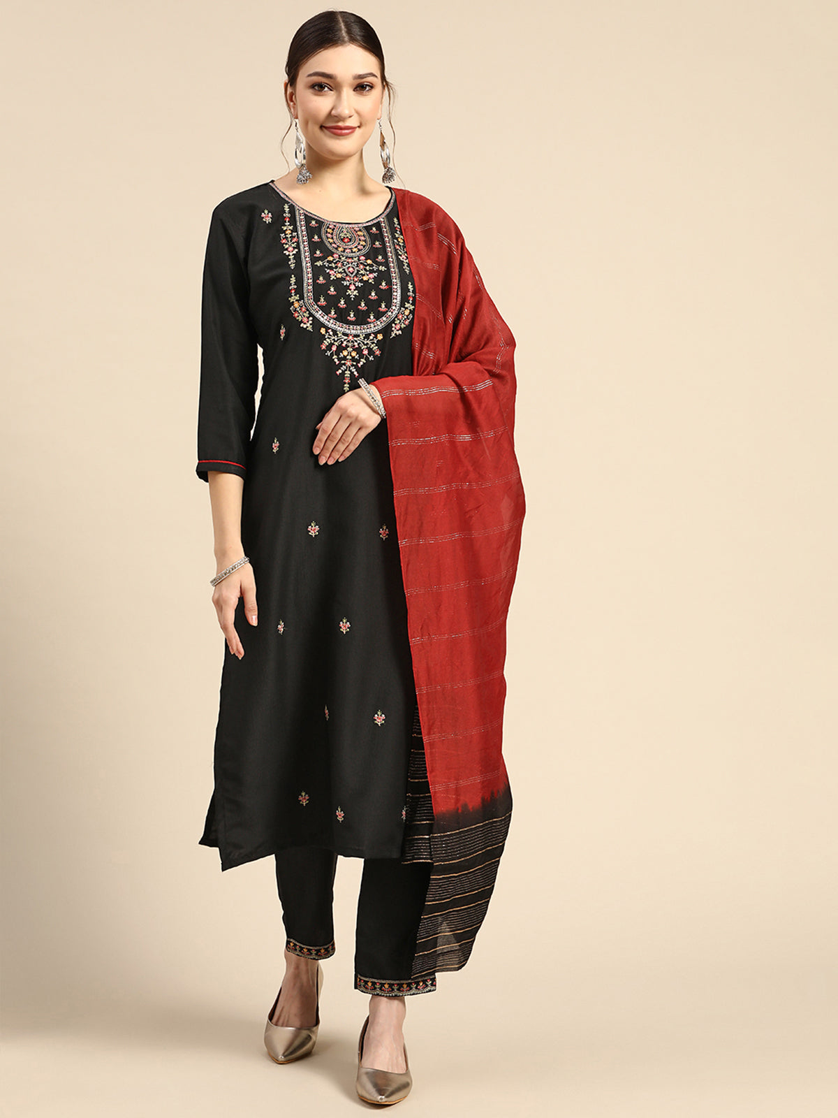 Odette Women Black Embroidered Chinon Stitched Kurta And Trouser With Dupatta