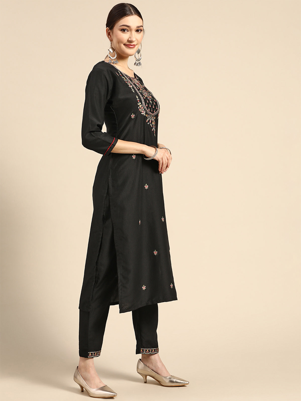 Odette Women Black Embroidered Chinon Stitched Kurta And Trouser With Dupatta