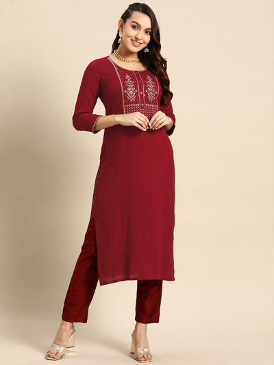 Odette Women Maroon Poly Rayon Floral Embroidered Stitched Kurta