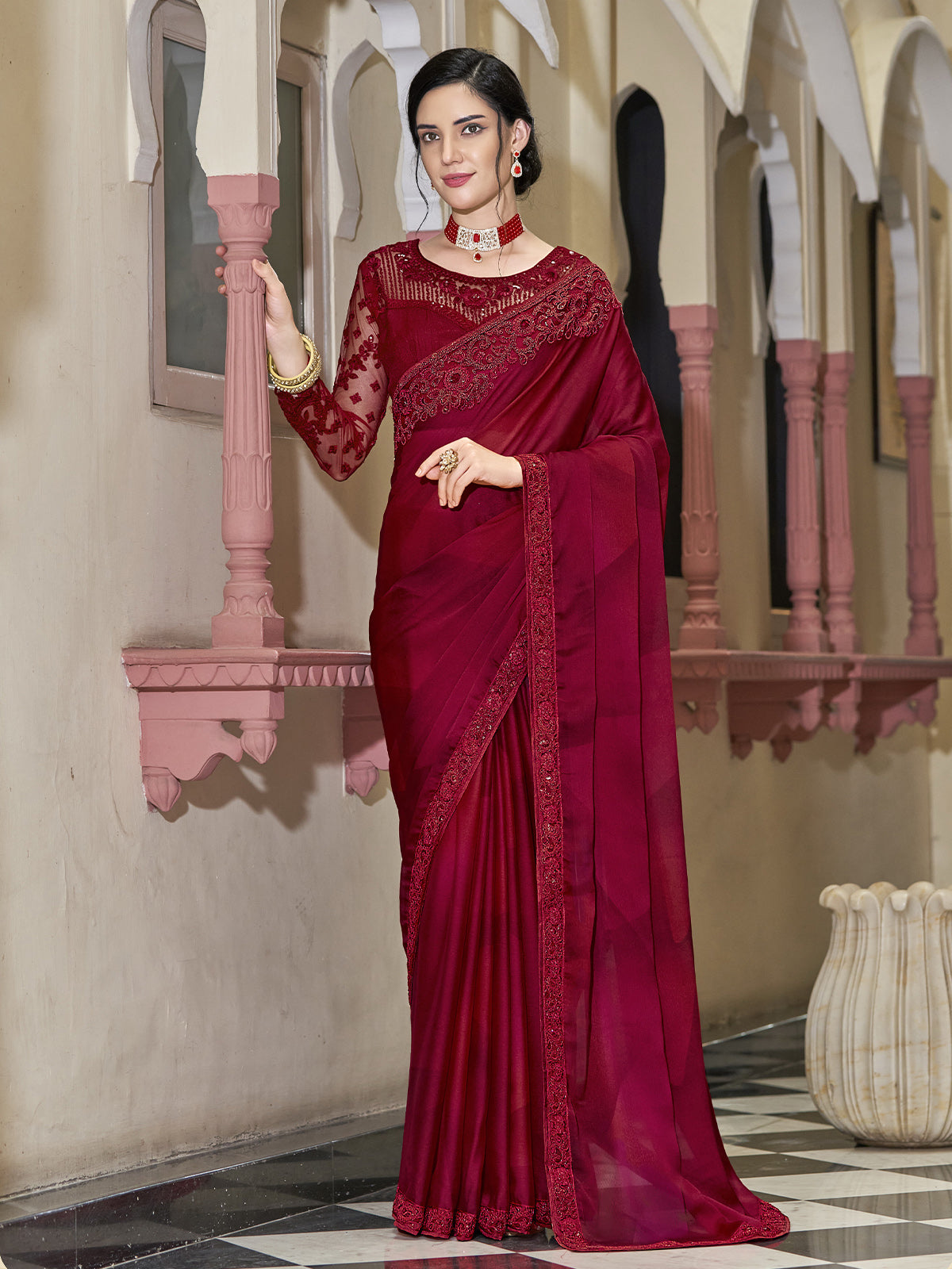 Dark Red Silk Solid Designer Saree With Unstitched Blouse
