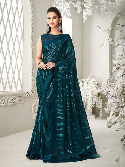 Teal Georgette Heavy Sequins Embroidered Saree With Unstitched Blouse