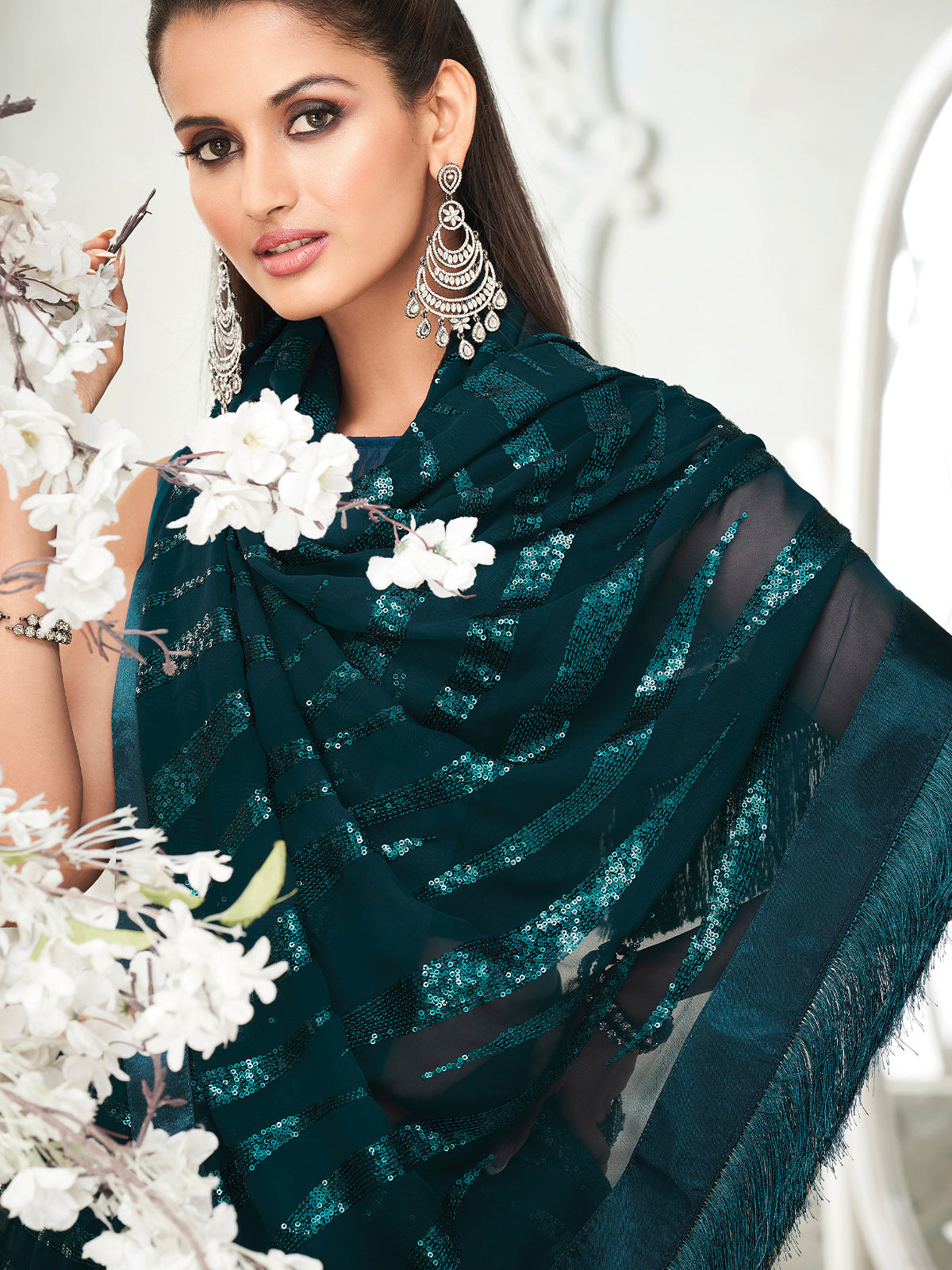 Teal Georgette Heavy Sequins Embroidered Saree With Unstitched Blouse