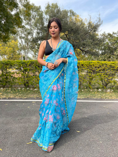 Sky Blue Organza Embroidered Saree With Unstitched Blouse