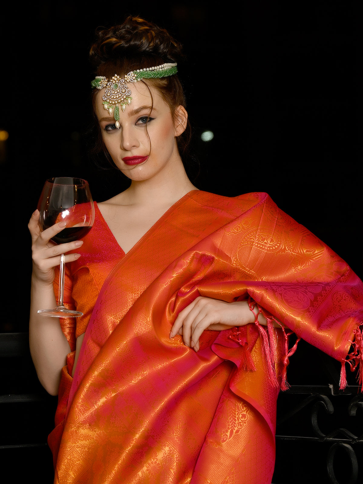 Odette Women Festive Orange Silk Blend Woven Saree With Unstitched Blouse