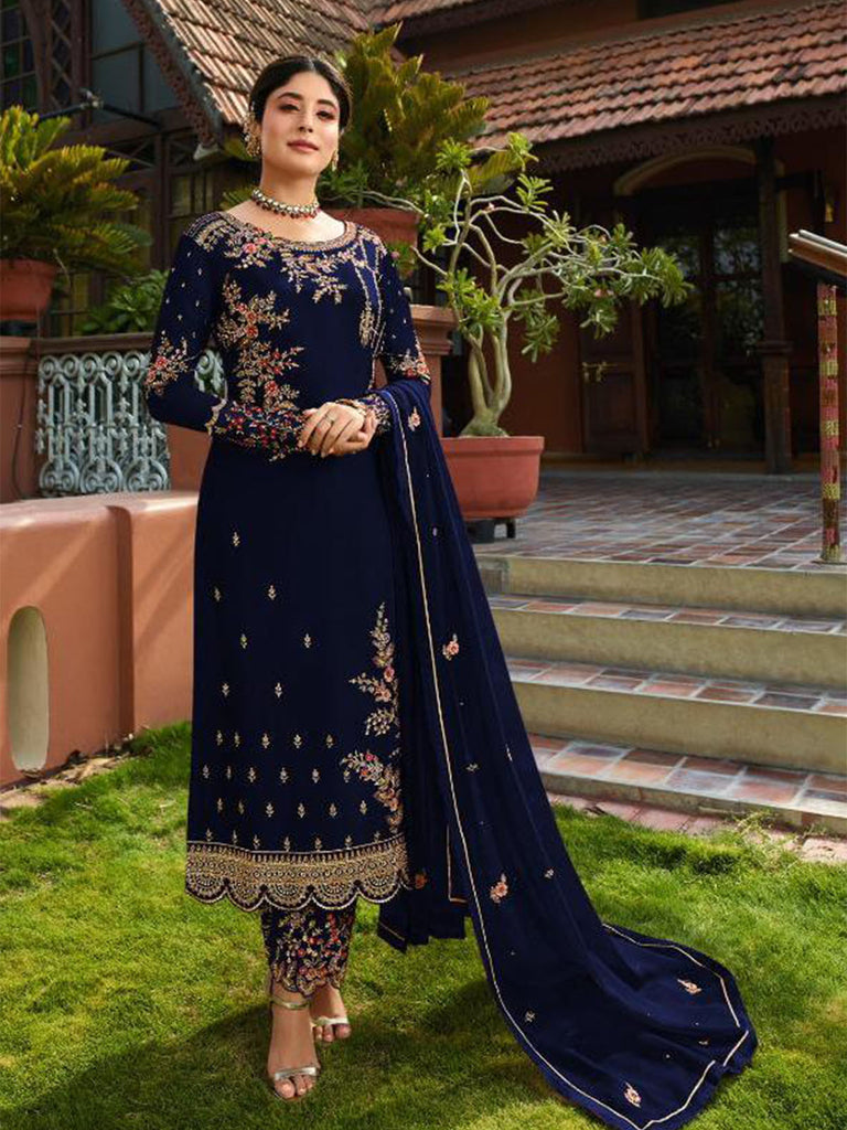 Odette Women Dark Blue Color Georgette Straight Semi Stitched Salwar K