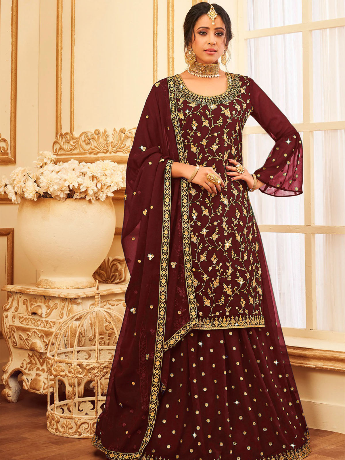 Odette Women Maroon Faux Georgette With Glitter Sequence Work Semi Stitched Sharara Suit