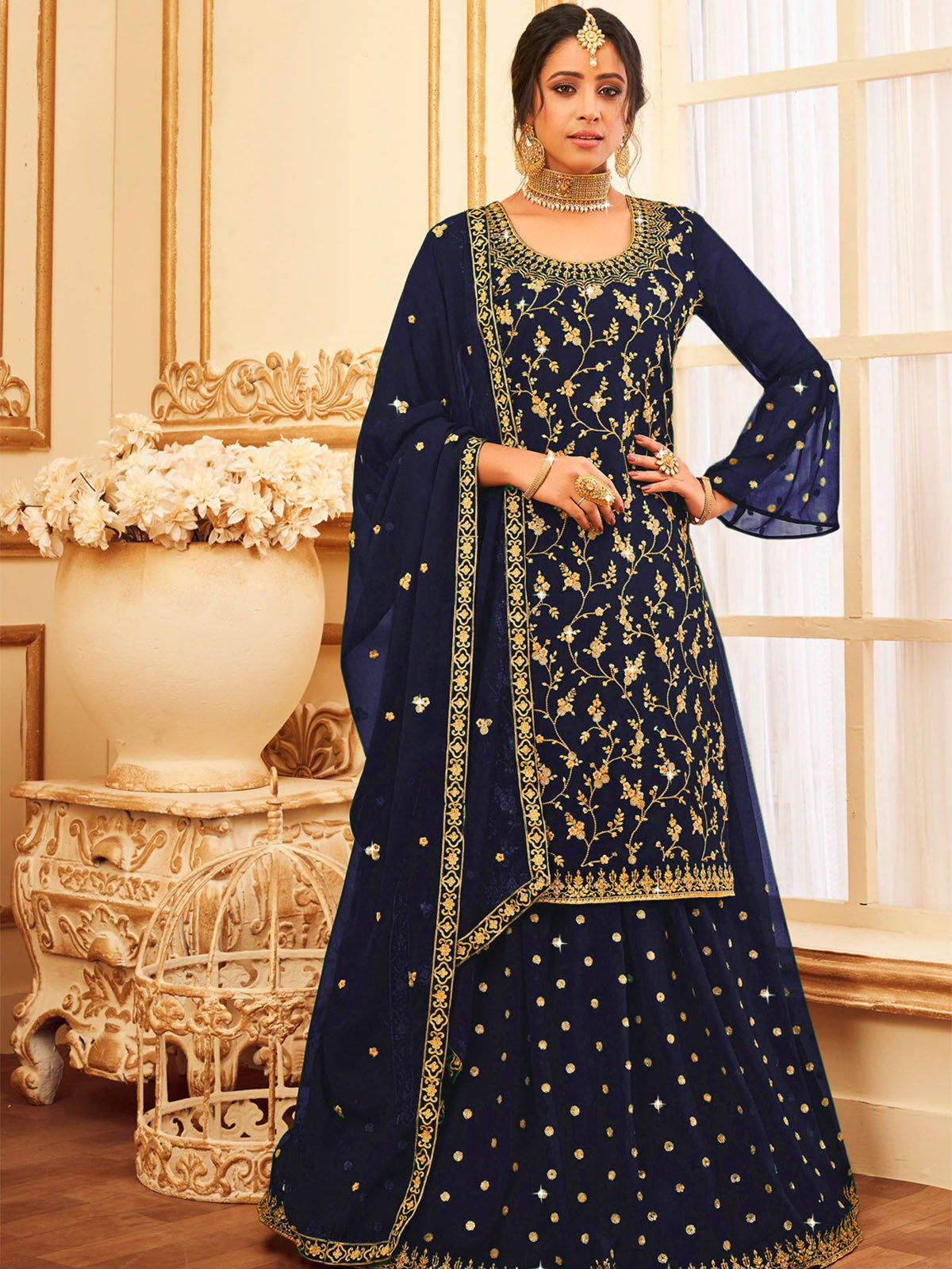 Dark Blue Faux Georgette With Glitter Sequence Work Semi Stitched Sharara Suit