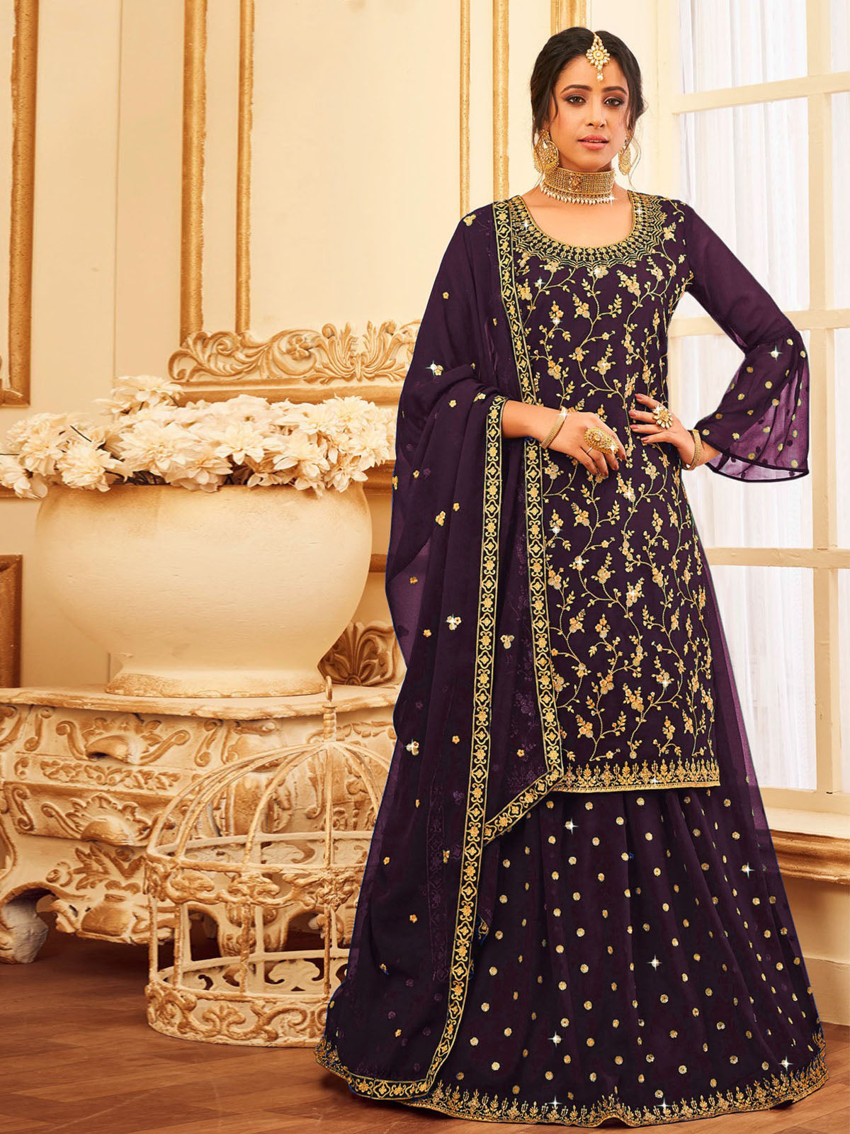 Odette Women Violet Faux Georgette With Glitter Sequence Work Semi Stitched Sharara Suit