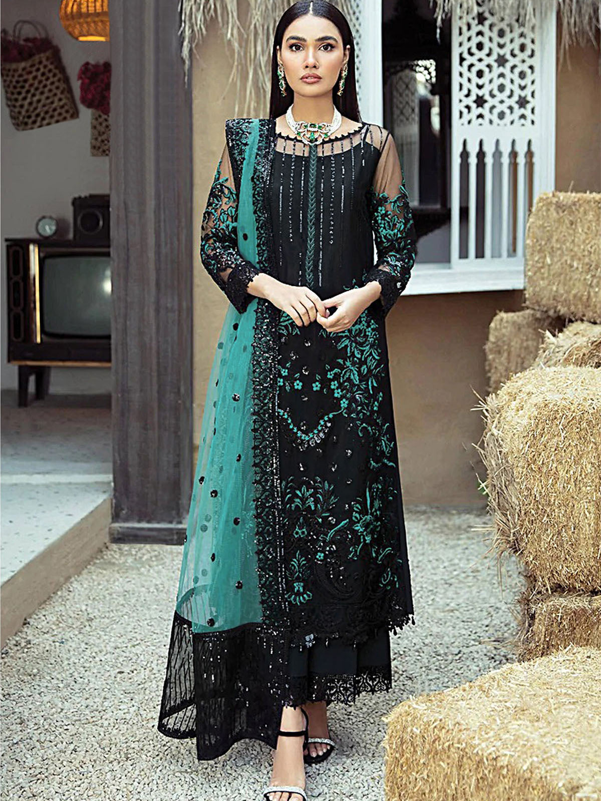 Odette Women Faux Georgette With Heavy Embroidery Work Straight Semi Stitched Salwar Suit