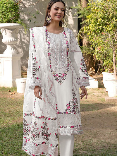 Odette Women White Floral Embroidered Georgette Semi Stitched Suit
