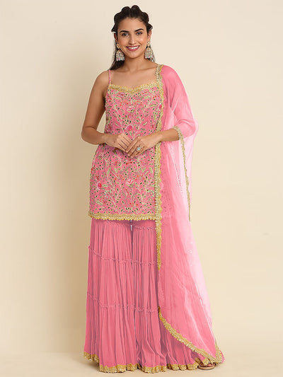 Pink Floral Sequence Embroidered Georgette Unstitched  Sharara Suit