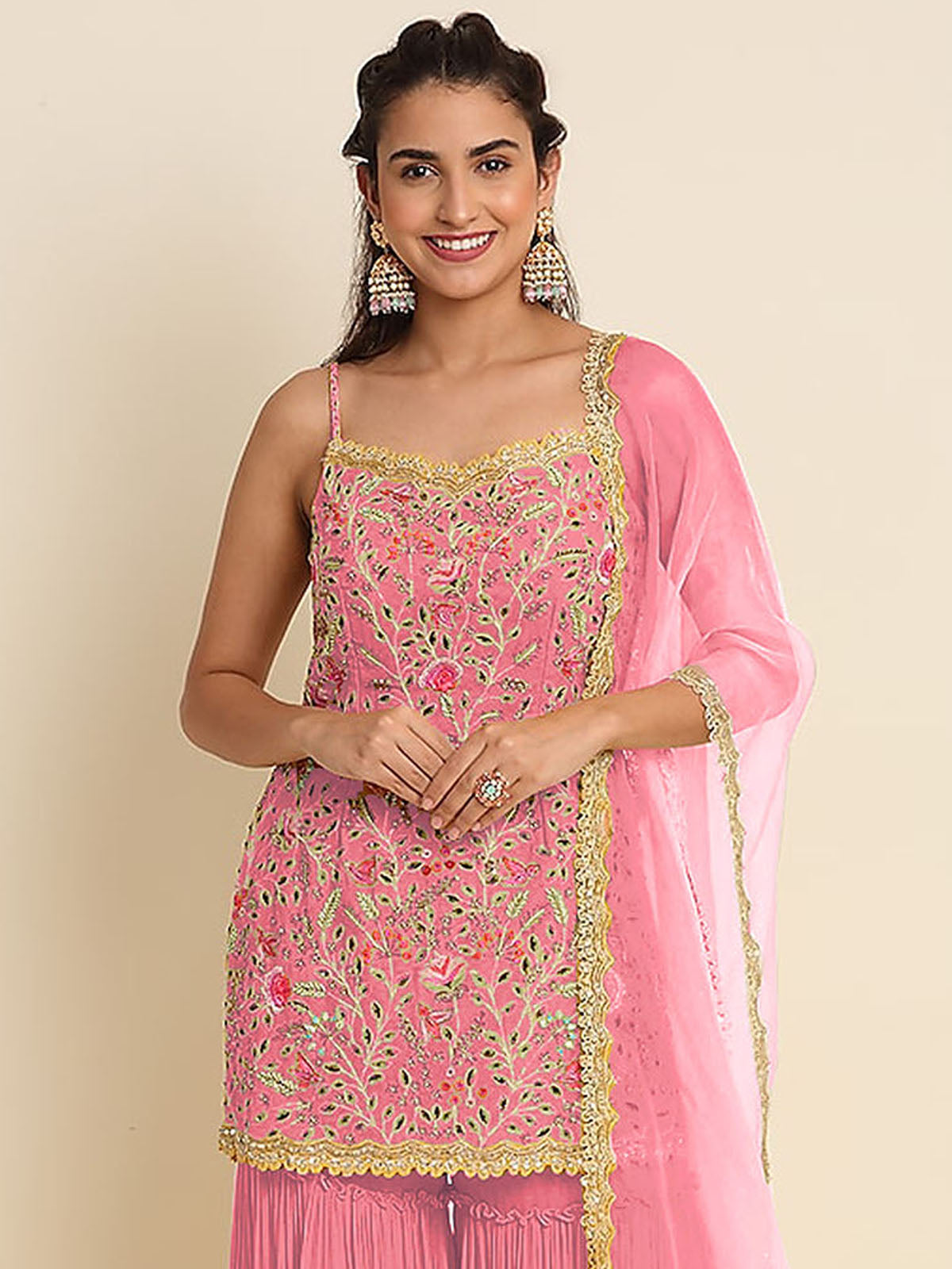 Pink Floral Sequence Embroidered Georgette Unstitched  Sharara Suit