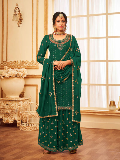 Odette Women Dark Green Colored Embroidered With Embellished Georgette Semi Stitched Sharara Suit
