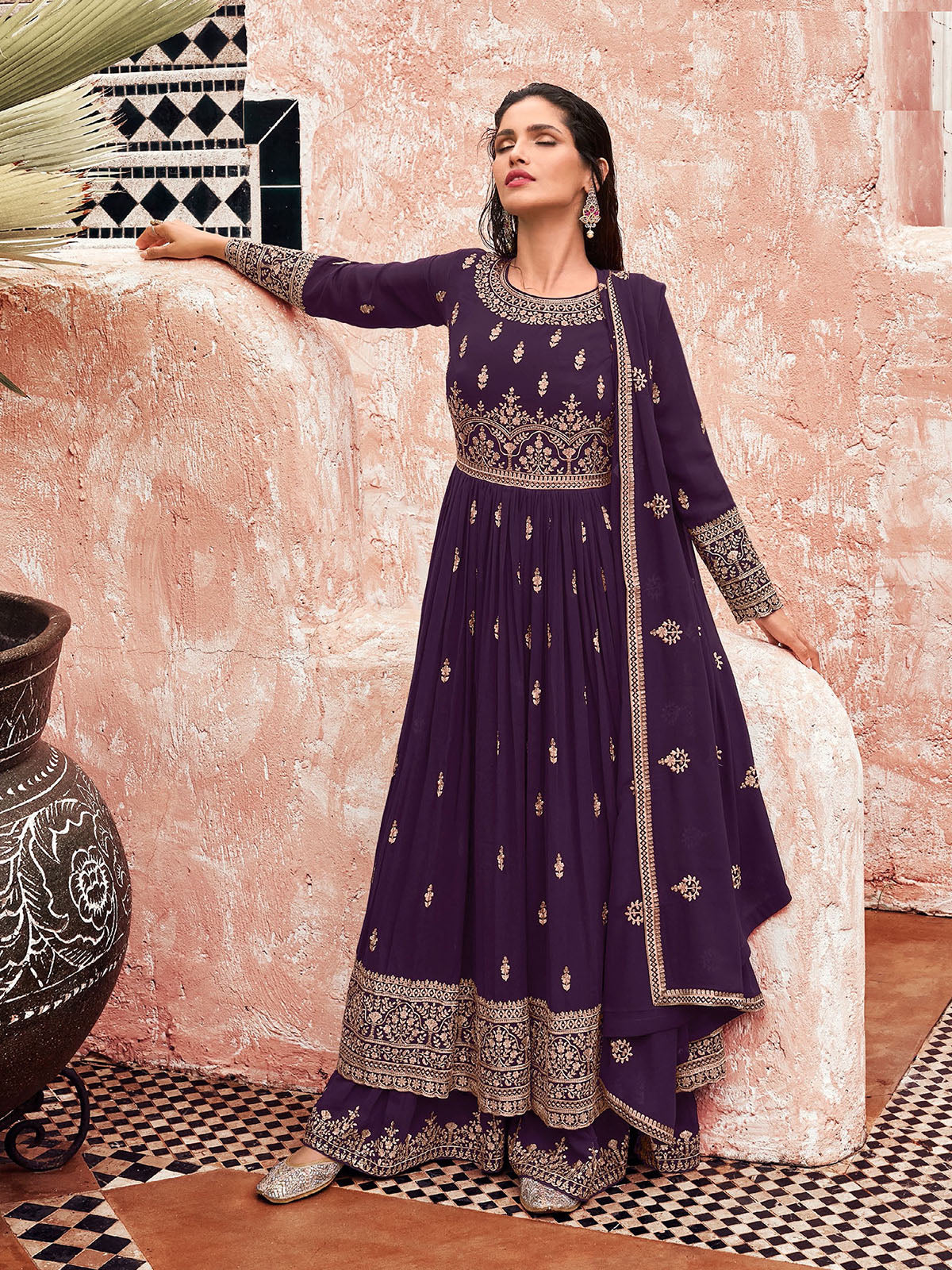 Purple Embroidered Georgette Sharara Semi Stitched Suit