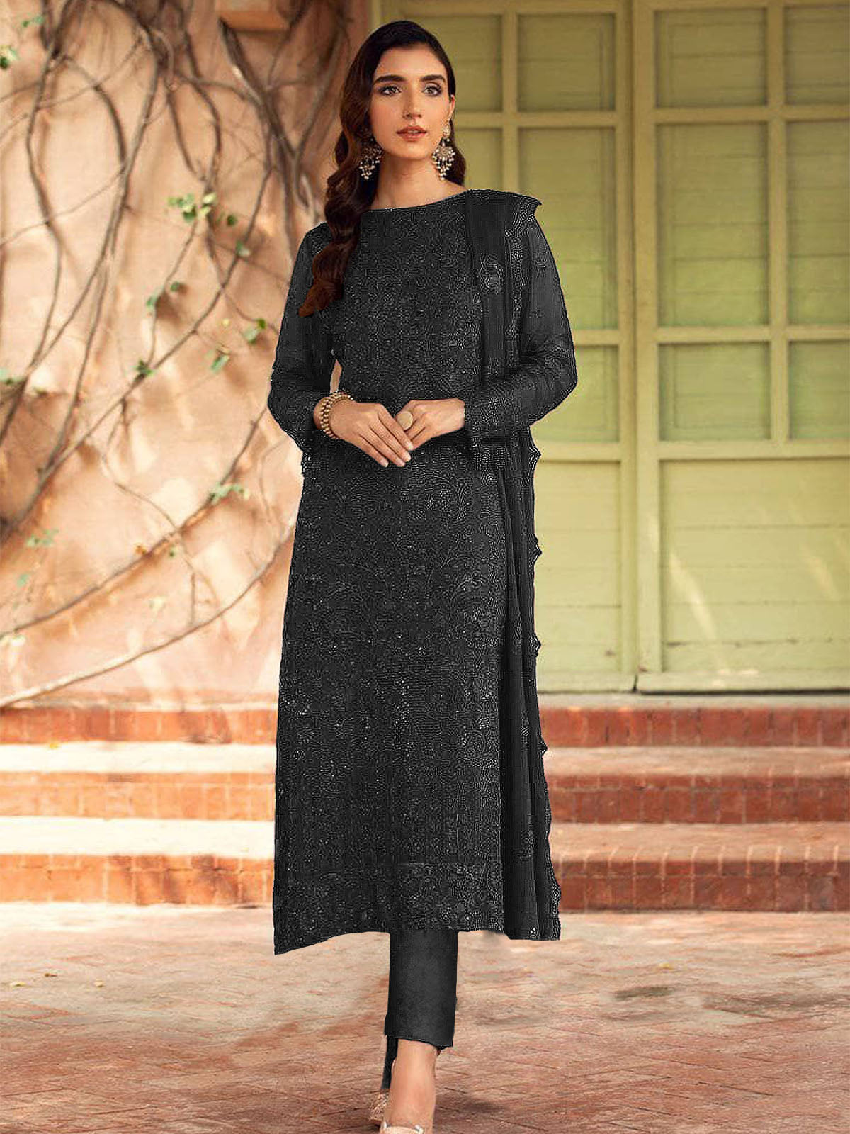 Black Embroidered Georgette Semi Stitched Suit
