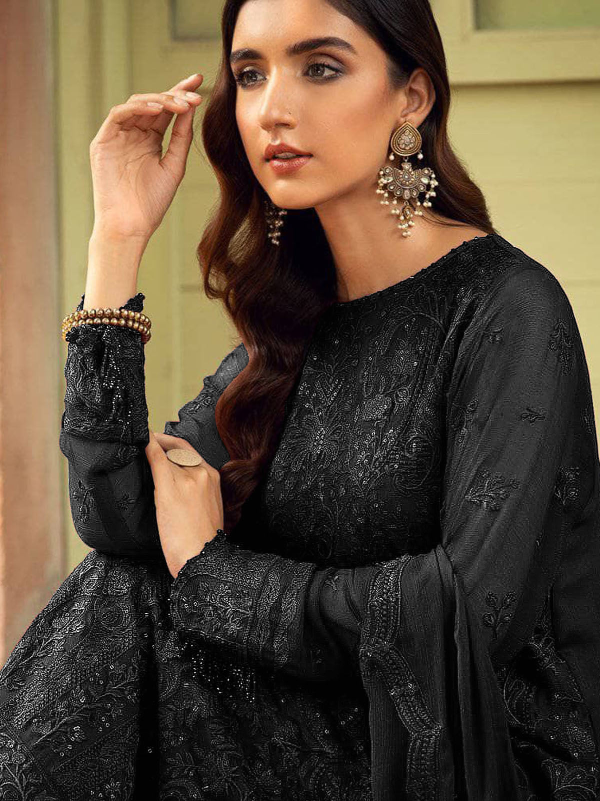 Black Embroidered Georgette Semi Stitched Suit