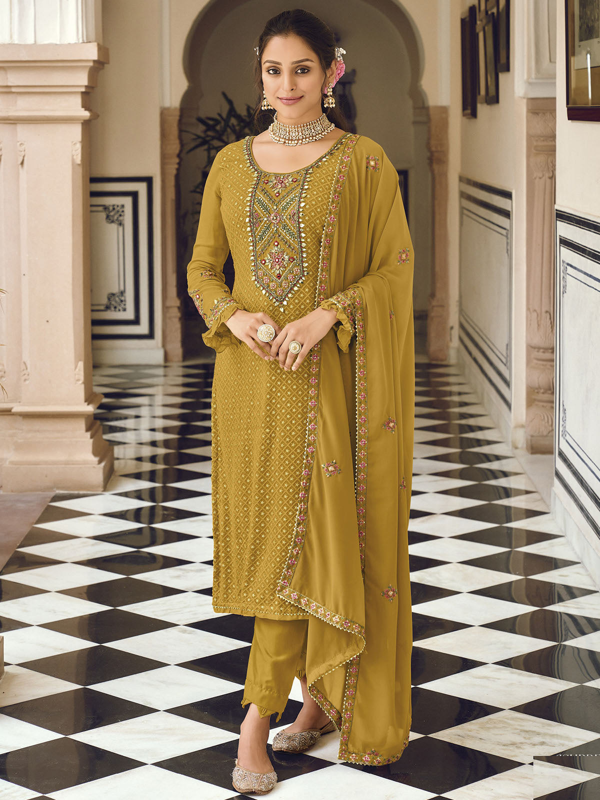 Mustard Sequence Embroidered Georgette Salwar Semi Stitched Suit