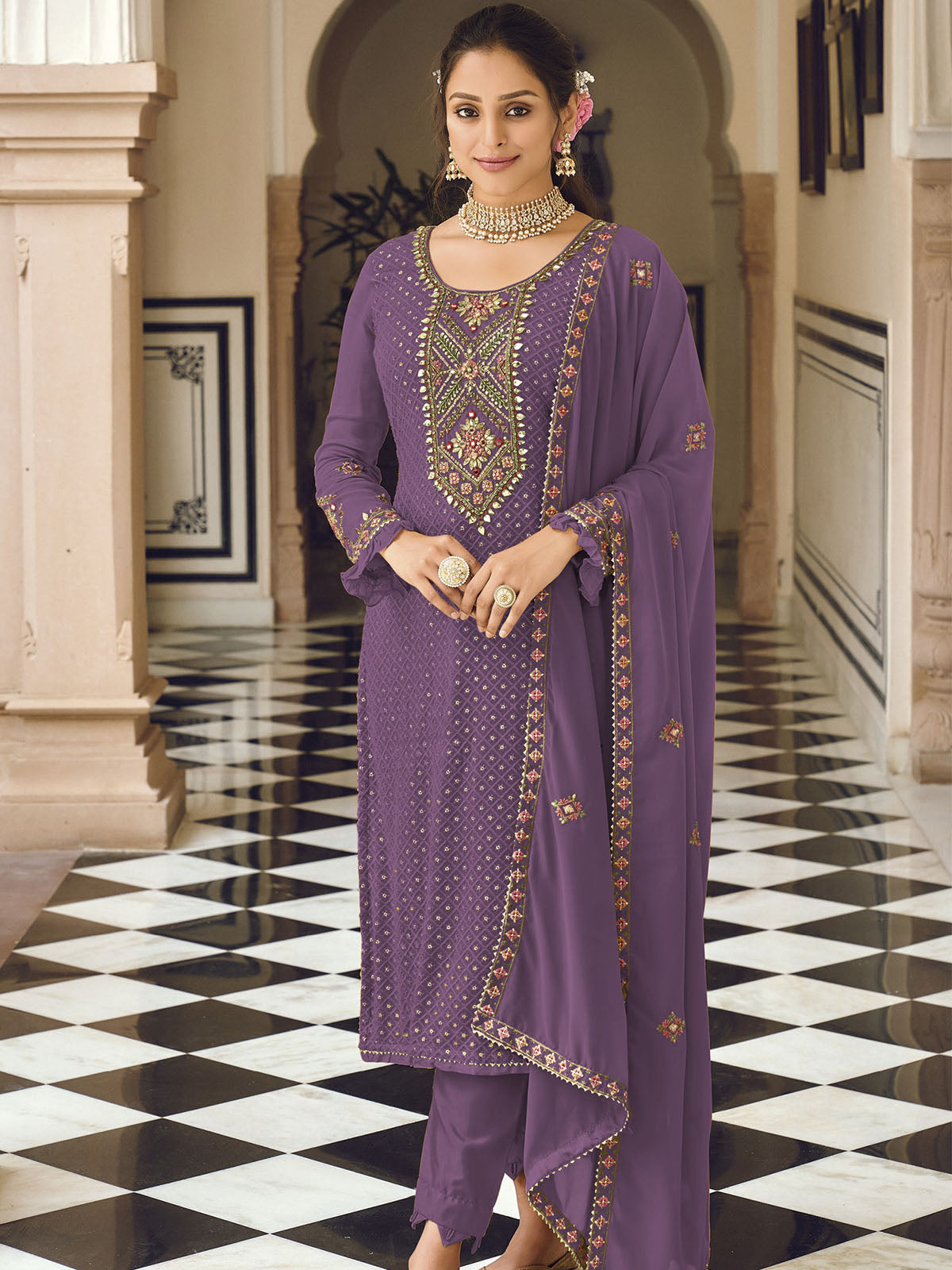 Embroidered Satin Georgette Straight Suit in Purple | Dress materials,  Churidar suits, Indian ethnic wear
