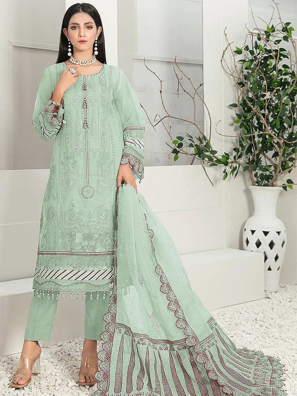 Green Party Wear Embroidered Organza Semi Stitched Suit