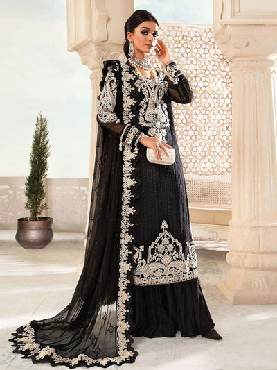 Odette Women Black Embroidered Georgette Partywear Semi Stitched Suit